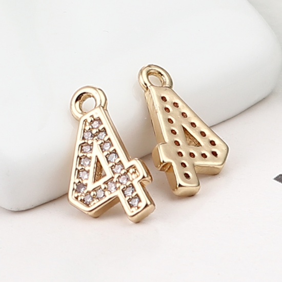 Image de Breloques en Laiton Chiffre Doré Mots Gravés" 4" à Strass Transparent 13mm x 7mm, 3 Pcs