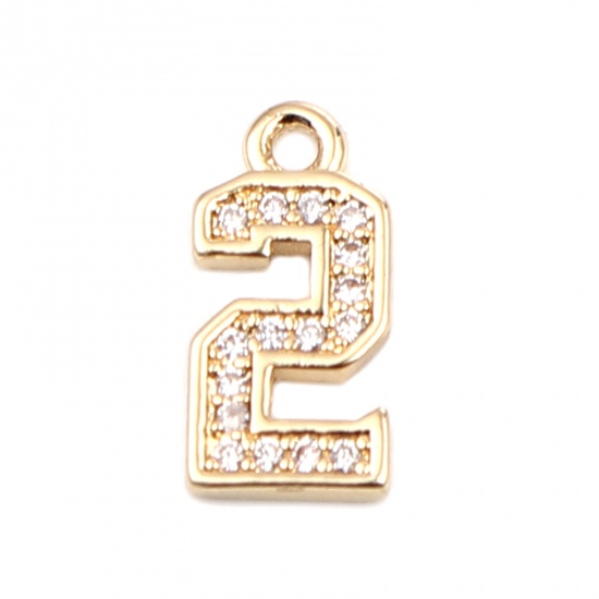 Image de Breloques en Laiton Chiffre Doré Mots Gravés" 2" à Strass Transparent 13mm x 6mm, 3 Pcs