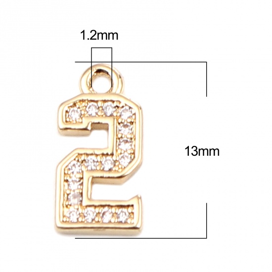 Image de Breloques en Laiton Chiffre Doré Mots Gravés" 2" à Strass Transparent 13mm x 6mm, 3 Pcs