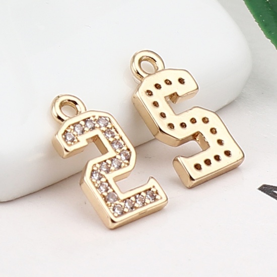 Image de Breloques en Laiton Chiffre Doré Mots Gravés" 2" à Strass Transparent 13mm x 6mm, 3 Pcs