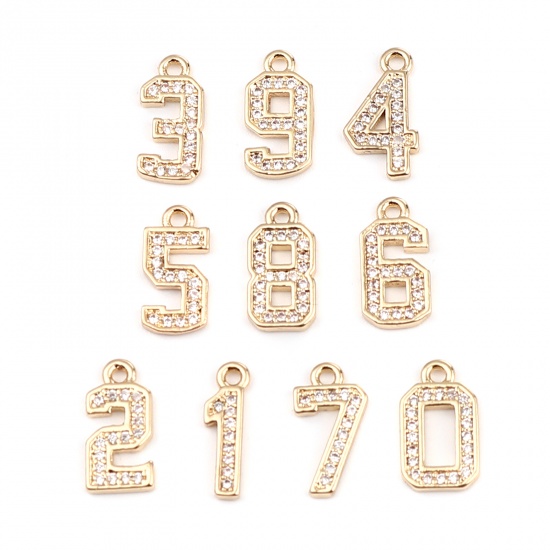 Image de Breloques en Laiton Chiffre Doré Mots Gravés" 2" à Strass Transparent 13mm x 6mm, 3 Pcs