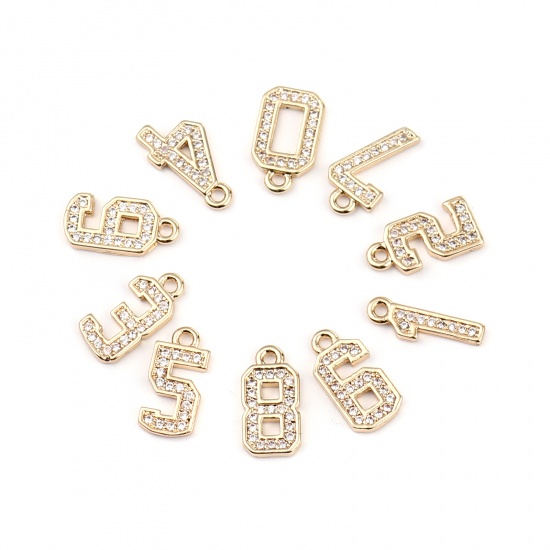 Image de Breloques en Laiton Chiffre Doré Mots Gravés" 2" à Strass Transparent 13mm x 6mm, 3 Pcs