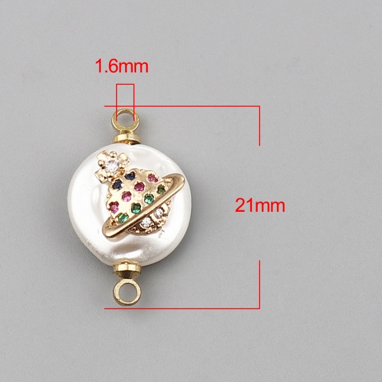 Изображение Shell & Copper Galaxy Connectors Planet Gold Plated White Round Multicolor Rhinestone 21mm x 12mm, 2 PCs