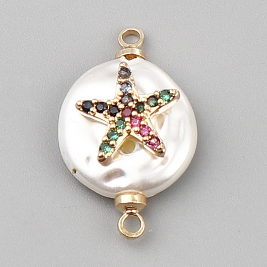 Изображение Shell & Copper Ocean Jewelry Connectors Round Gold Plated White Star Fish Multicolor Rhinestone 21mm x 12mm, 2 PCs