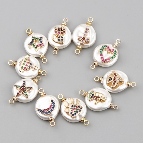 Picture of Shell & Brass Ocean Jewelry Connectors Round Gold Plated White Star Fish Multicolor Rhinestone 21mm x 12mm, 2 PCs                                                                                                                                             