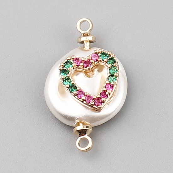 Picture of Shell & Brass Valentine's Day Connectors Round Gold Plated White Heart Multicolor Rhinestone 21mm x 12mm, 2 PCs                                                                                                                                               