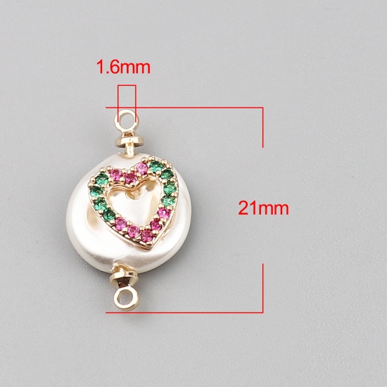 Picture of Shell & Brass Valentine's Day Connectors Round Gold Plated White Heart Multicolor Rhinestone 21mm x 12mm, 2 PCs                                                                                                                                               