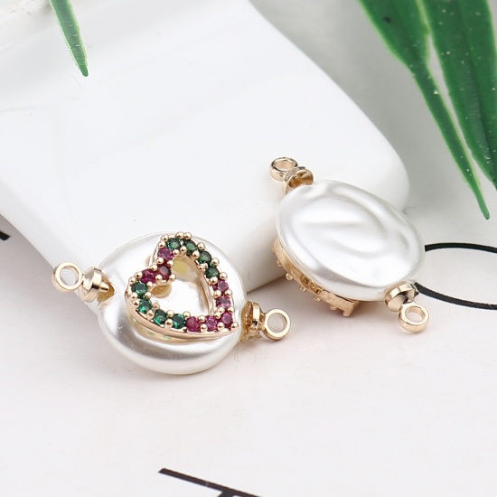 Изображение Shell & Copper Valentine's Day Connectors Round Gold Plated White Heart Multicolor Rhinestone 21mm x 12mm, 2 PCs