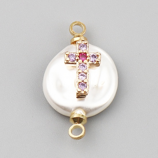 Изображение Shell & Copper Religious Connectors Round Gold Plated White Cross Multicolor Rhinestone 21mm x 12mm, 2 PCs