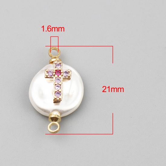 Изображение Shell & Copper Religious Connectors Round Gold Plated White Cross Multicolor Rhinestone 21mm x 12mm, 2 PCs