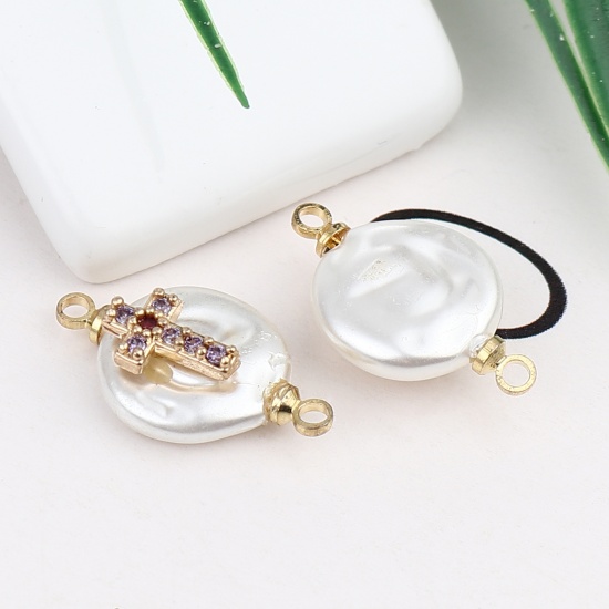Picture of Shell & Brass Religious Connectors Round Gold Plated White Cross Multicolor Rhinestone 21mm x 12mm, 2 PCs                                                                                                                                                     