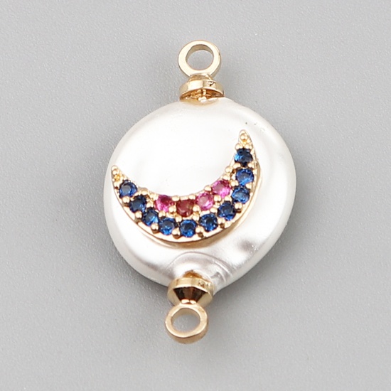 Изображение Shell & Copper Galaxy Connectors Round Gold Plated White Moon Multicolor Rhinestone 21mm x 12mm, 2 PCs