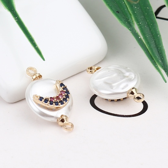 Picture of Shell & Brass Galaxy Connectors Round Gold Plated White Moon Multicolor Rhinestone 21mm x 12mm, 2 PCs                                                                                                                                                         