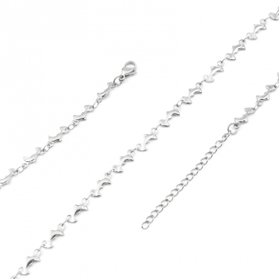 Picture of 304 Stainless Steel Ocean Jewelry Necklace Dolphin Animal Silver Tone 45cm(17 6/8") long, 1 Piece