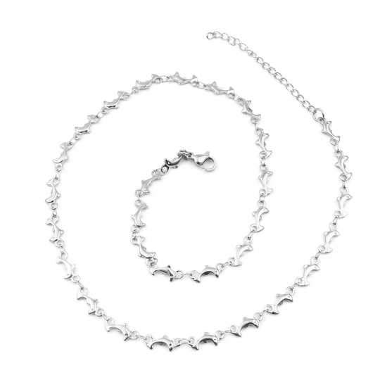 Immagine di 304 Stainless Steel Ocean Jewelry Necklace Dolphin Animal Silver Tone 45cm(17 6/8") long, 1 Piece