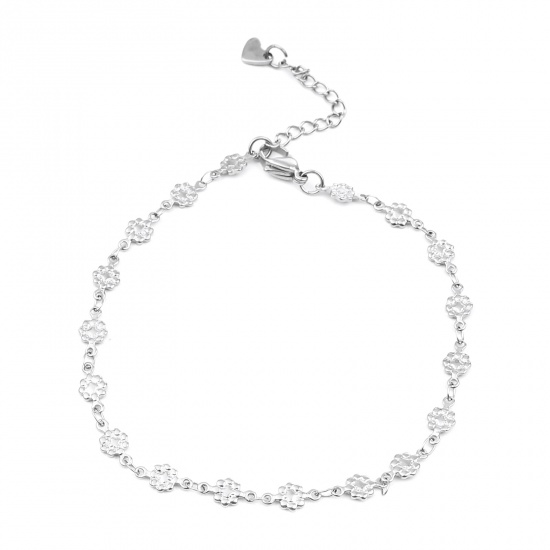 Изображение 304 Stainless Steel Anklet Silver Tone Flower Heart 1 Piece