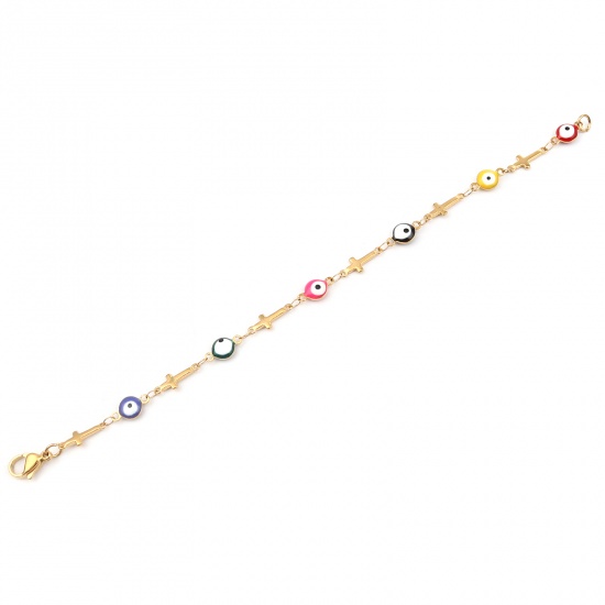 Picture of 304 Stainless Steel Religious Bracelets Gold Plated Multicolor Evil Eye Cross 18.5cm(7 2/8") long, 1 Piece