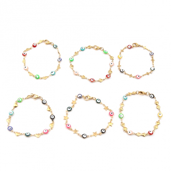 Picture of 304 Stainless Steel Religious Bracelets Gold Plated Multicolor Evil Eye Cross 18.5cm(7 2/8") long, 1 Piece