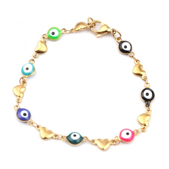 Picture of 304 Stainless Steel Religious Bracelets Gold Plated Multicolor Evil Eye Heart 18.5cm(7 2/8") long, 1 Piece