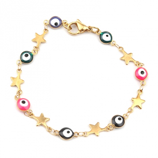 Picture of 304 Stainless Steel Religious Bracelets Gold Plated Multicolor Evil Eye Pentagram Star 18.5cm(7 2/8") long, 1 Piece