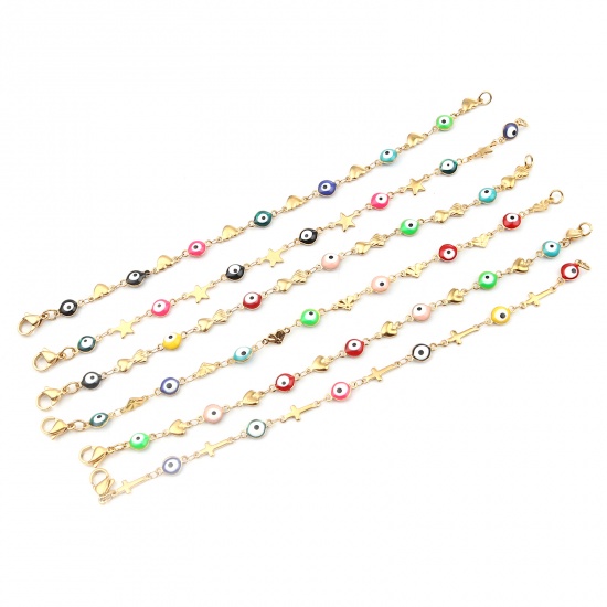 Picture of 304 Stainless Steel Religious Bracelets Gold Plated Multicolor Evil Eye Pentagram Star 18.5cm(7 2/8") long, 1 Piece