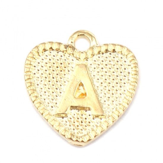 Immagine di Lega di Zinco San Valentino Charms Colore Oro 16K Cuore Lettera Maiuscola Lettere " A " 15mm x 15mm, 20 Pz