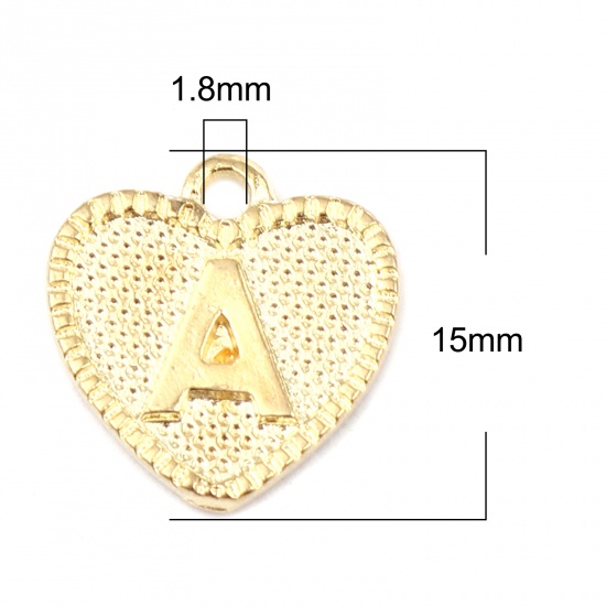 Immagine di Lega di Zinco San Valentino Charms Colore Oro 16K Cuore Lettera Maiuscola Lettere " A " 15mm x 15mm, 20 Pz