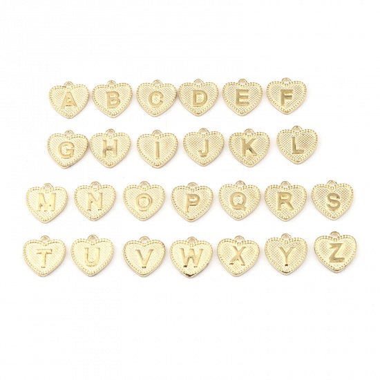 Immagine di Lega di Zinco San Valentino Charms Colore Oro 16K Cuore Lettera Maiuscola Lettere " A " 15mm x 15mm, 20 Pz