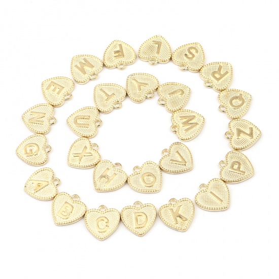 Immagine di Lega di Zinco San Valentino Charms Colore Oro 16K Cuore Lettera Maiuscola Lettere " A " 15mm x 15mm, 20 Pz