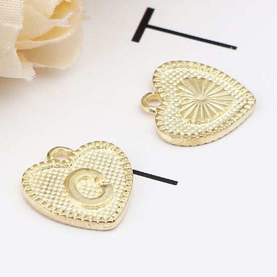 Immagine di Lega di Zinco San Valentino Charms Colore Oro 16K Cuore Lettera Maiuscola Lettere " C " 15mm x 15mm, 20 Pz