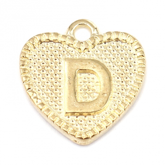 Immagine di Lega di Zinco San Valentino Charms Colore Oro 16K Cuore Lettera Maiuscola Lettere " D " 15mm x 15mm, 20 Pz