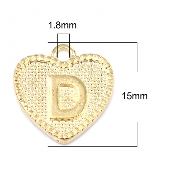 Immagine di Lega di Zinco San Valentino Charms Colore Oro 16K Cuore Lettera Maiuscola Lettere " D " 15mm x 15mm, 20 Pz