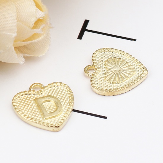 Immagine di Lega di Zinco San Valentino Charms Colore Oro 16K Cuore Lettera Maiuscola Lettere " D " 15mm x 15mm, 20 Pz