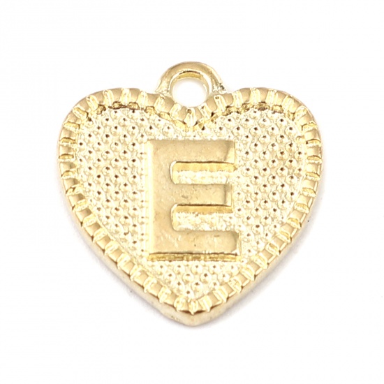 Immagine di Lega di Zinco San Valentino Charms Colore Oro 16K Cuore Lettera Maiuscola Lettere " E " 15mm x 15mm, 20 Pz