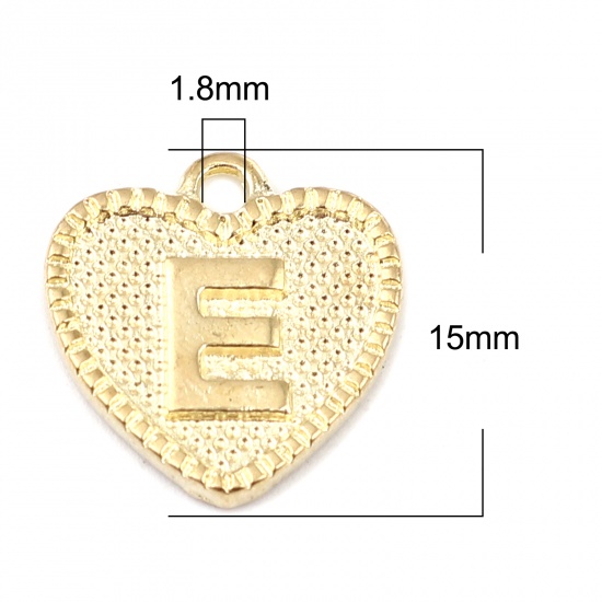 Immagine di Lega di Zinco San Valentino Charms Colore Oro 16K Cuore Lettera Maiuscola Lettere " E " 15mm x 15mm, 20 Pz