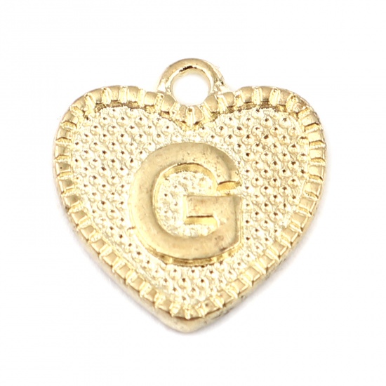 Immagine di Lega di Zinco San Valentino Charms Colore Oro 16K Cuore Lettera Maiuscola Lettere " G " 15mm x 15mm, 20 Pz