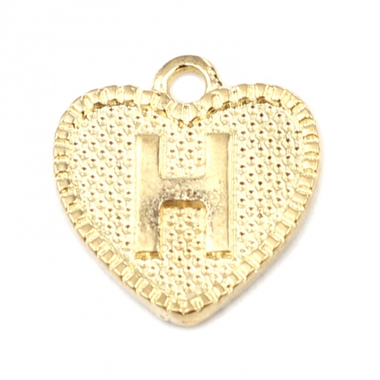 Immagine di Lega di Zinco San Valentino Charms Colore Oro 16K Cuore Lettera Maiuscola Lettere " H " 15mm x 15mm, 20 Pz