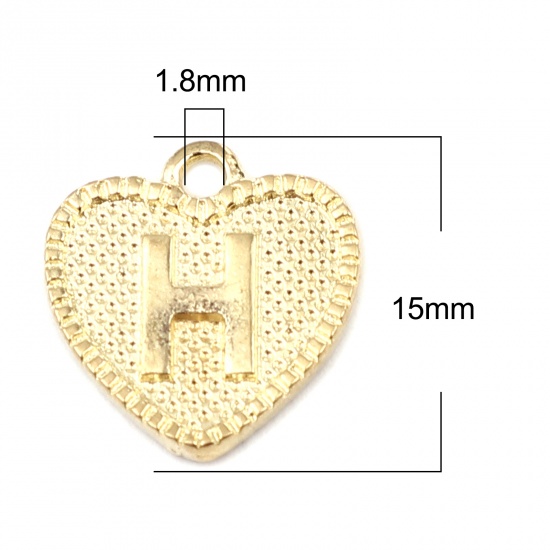 Immagine di Lega di Zinco San Valentino Charms Colore Oro 16K Cuore Lettera Maiuscola Lettere " H " 15mm x 15mm, 20 Pz