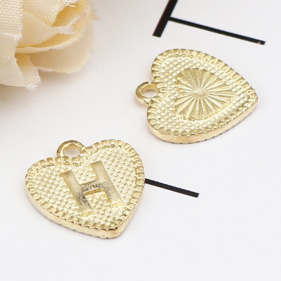 Immagine di Lega di Zinco San Valentino Charms Colore Oro 16K Cuore Lettera Maiuscola Lettere " H " 15mm x 15mm, 20 Pz