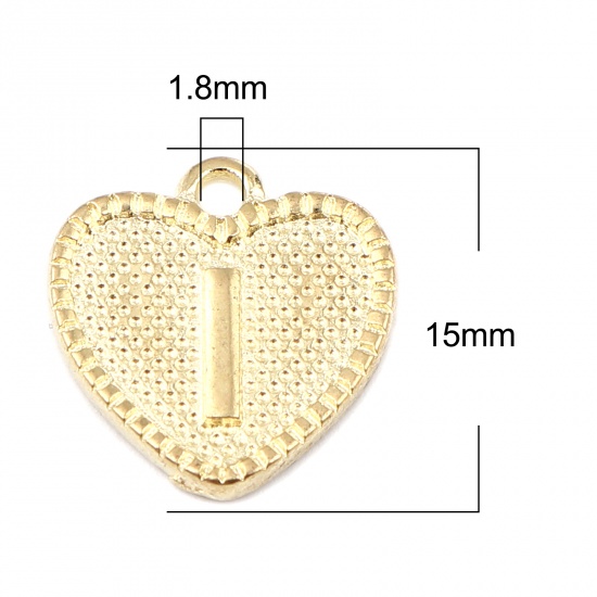 Immagine di Lega di Zinco San Valentino Charms Colore Oro 16K Cuore Lettera Maiuscola Lettere " I " 15mm x 15mm, 20 Pz