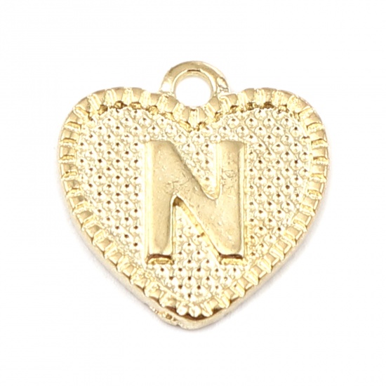 Immagine di Lega di Zinco San Valentino Charms Colore Oro 16K Cuore Lettera Maiuscola Lettere " N " 15mm x 15mm, 20 Pz