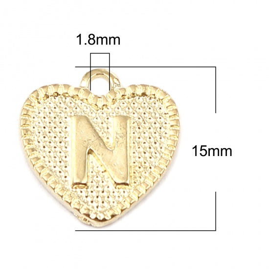 Immagine di Lega di Zinco San Valentino Charms Colore Oro 16K Cuore Lettera Maiuscola Lettere " N " 15mm x 15mm, 20 Pz