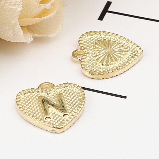 Immagine di Lega di Zinco San Valentino Charms Colore Oro 16K Cuore Lettera Maiuscola Lettere " N " 15mm x 15mm, 20 Pz