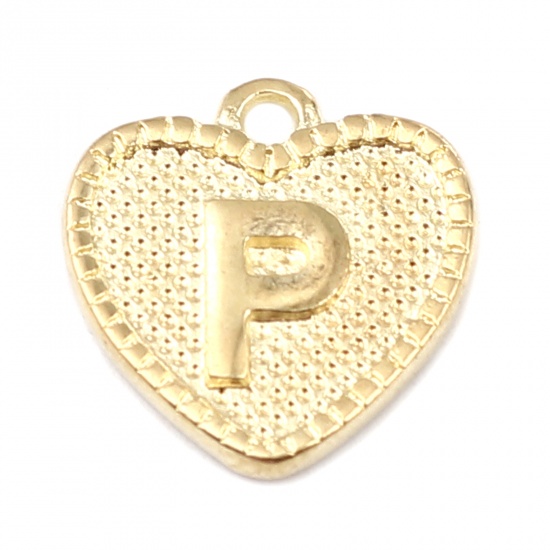 Immagine di Lega di Zinco San Valentino Charms Colore Oro 16K Cuore Lettera Maiuscola Lettere " P " 15mm x 15mm, 20 Pz