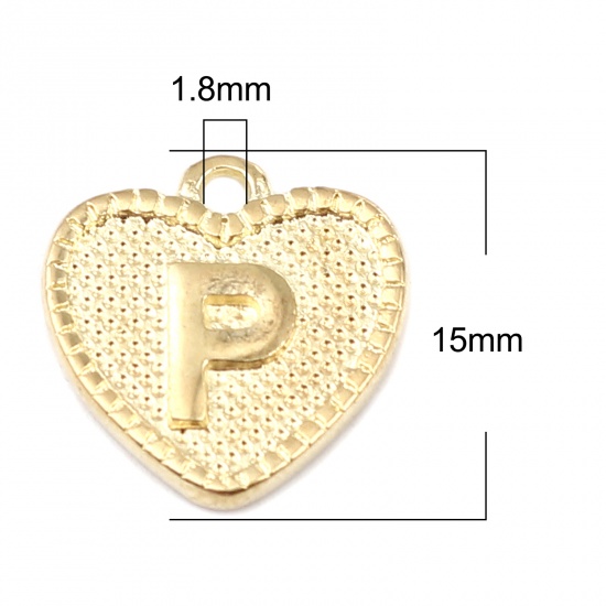 Immagine di Lega di Zinco San Valentino Charms Colore Oro 16K Cuore Lettera Maiuscola Lettere " P " 15mm x 15mm, 20 Pz