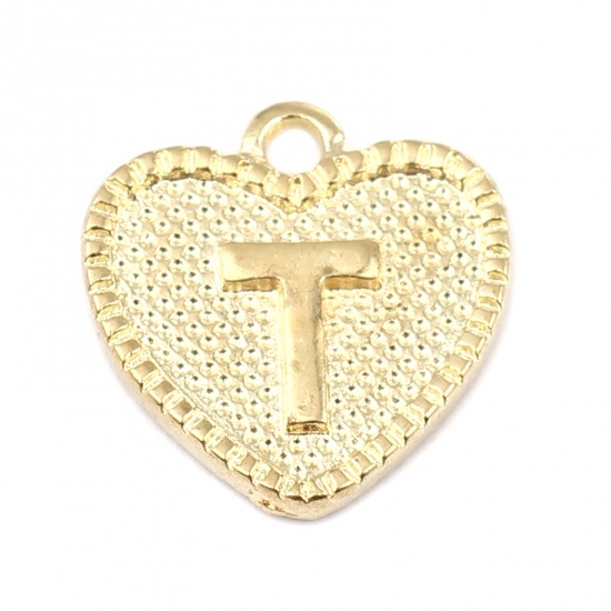 Immagine di Lega di Zinco San Valentino Charms Colore Oro 16K Cuore Lettera Maiuscola Lettere " T " 15mm x 15mm, 20 Pz