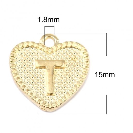 Immagine di Lega di Zinco San Valentino Charms Colore Oro 16K Cuore Lettera Maiuscola Lettere " T " 15mm x 15mm, 20 Pz