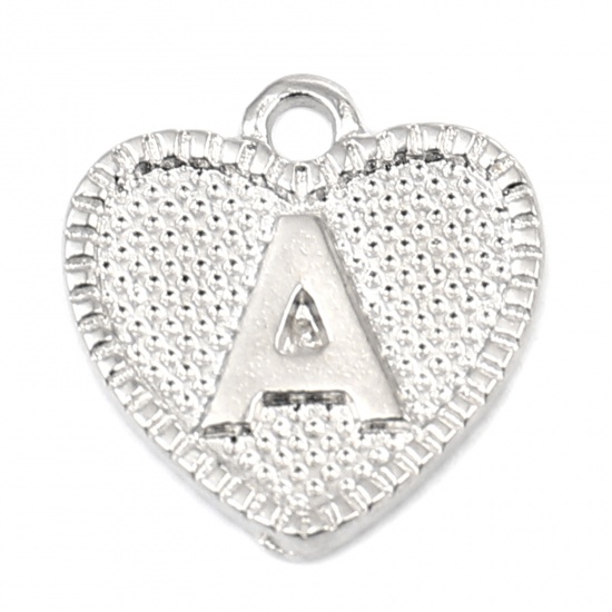 Picture of Zinc Based Alloy Valentine's Day Charms Heart Silver Tone Initial Alphabet/ Capital Letter Message " A " 15mm x 15mm, 20 PCs