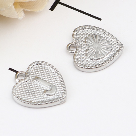 Picture of Zinc Based Alloy Valentine's Day Charms Heart Silver Tone Initial Alphabet/ Capital Letter Message " J " 15mm x 15mm, 20 PCs