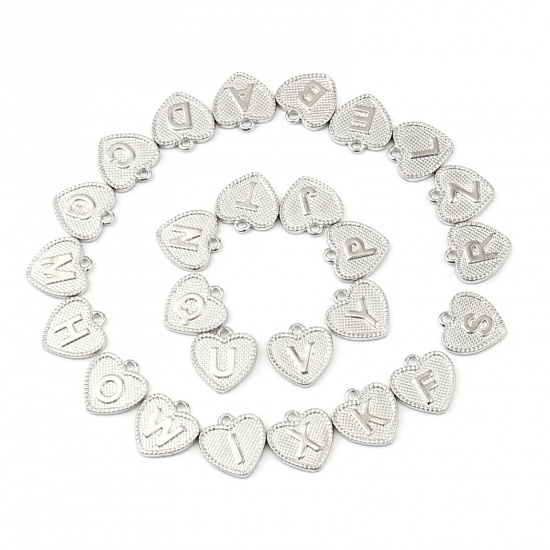Picture of Zinc Based Alloy Valentine's Day Charms Heart Silver Tone Initial Alphabet/ Capital Letter Message " J " 15mm x 15mm, 20 PCs